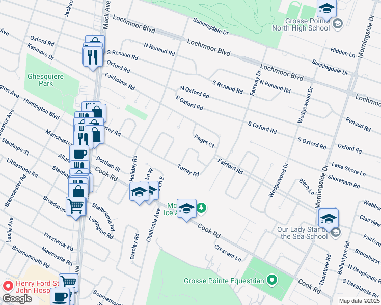 map of restaurants, bars, coffee shops, grocery stores, and more near 1169 Elford Court in Grosse Pointe Woods