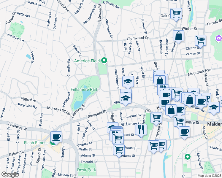 map of restaurants, bars, coffee shops, grocery stores, and more near 40 Hawthorne Street in Malden