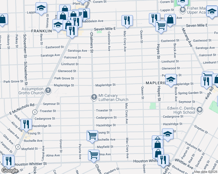 map of restaurants, bars, coffee shops, grocery stores, and more near 14522 Mapleridge Street in Detroit