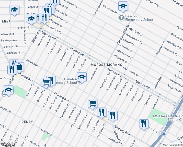 map of restaurants, bars, coffee shops, grocery stores, and more near 11881 Roxbury Street in Detroit