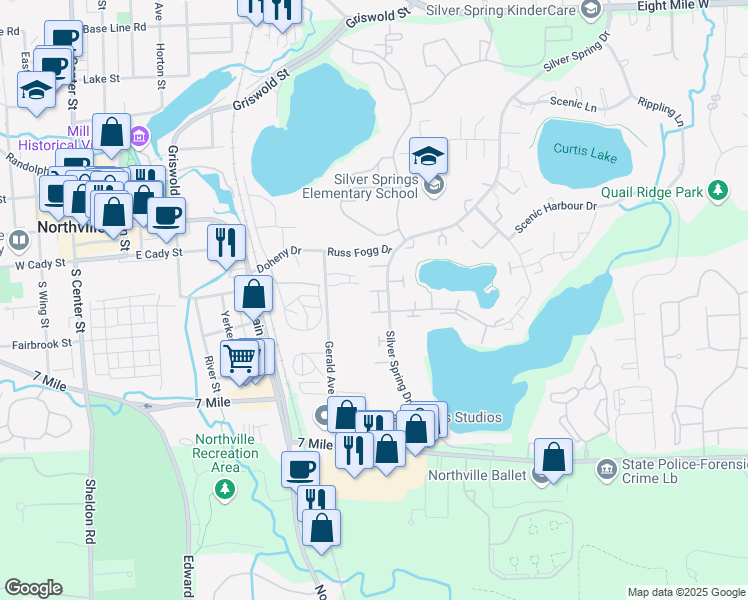 map of restaurants, bars, coffee shops, grocery stores, and more near 19745 Hayes Court in Northville