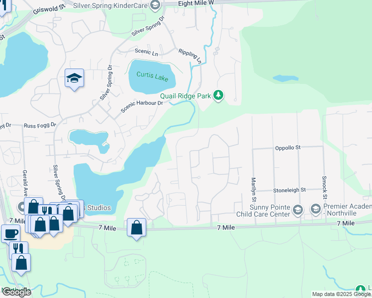 map of restaurants, bars, coffee shops, grocery stores, and more near 19485 Cardene Court in Northville