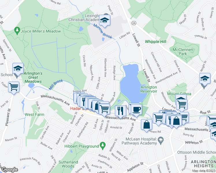 map of restaurants, bars, coffee shops, grocery stores, and more near 63 Bow Street in Lexington