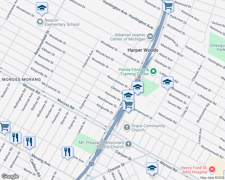 map of restaurants, bars, coffee shops, grocery stores, and more near 20512 Elkhart Street in Harper Woods