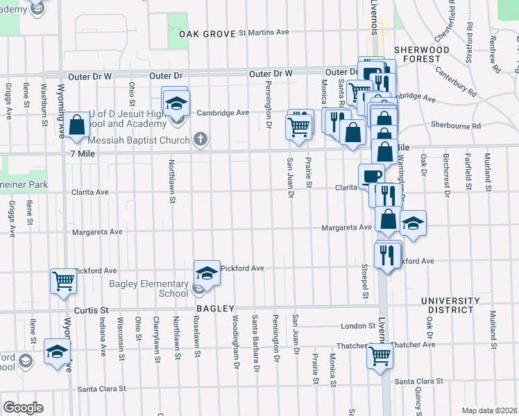 map of restaurants, bars, coffee shops, grocery stores, and more near 18679 Santa Barbara Drive in Detroit