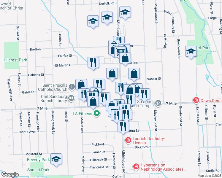 map of restaurants, bars, coffee shops, grocery stores, and more near 29500 West Seven Mile Road in Livonia