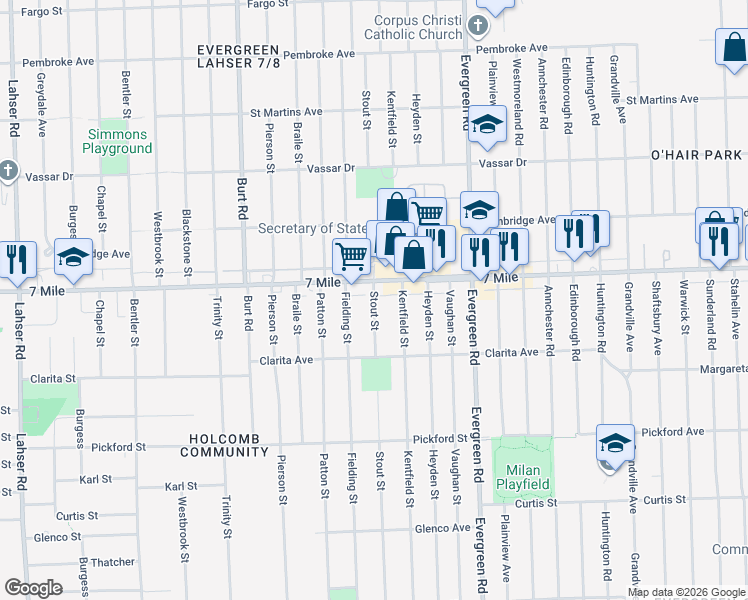 map of restaurants, bars, coffee shops, grocery stores, and more near 19030 Stout St in Detroit