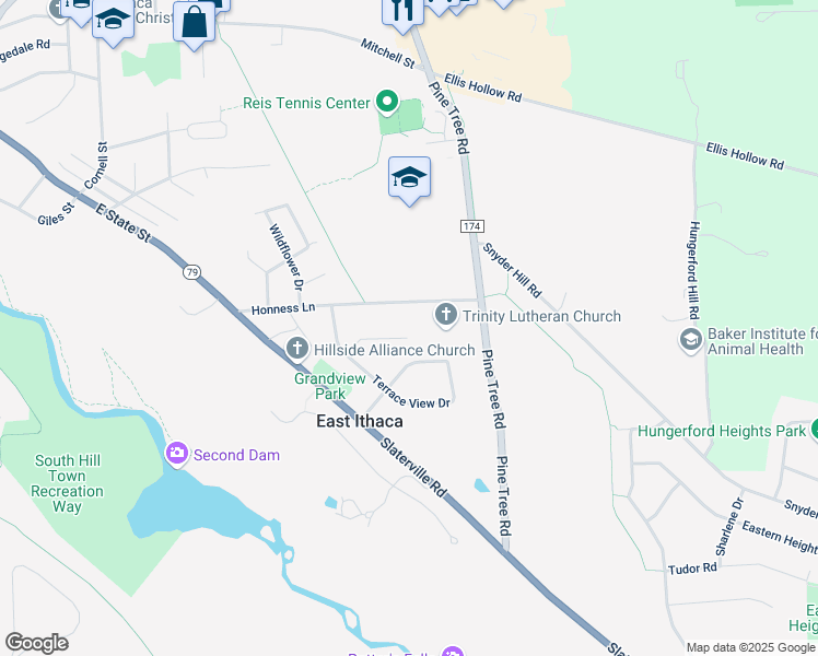 map of restaurants, bars, coffee shops, grocery stores, and more near 322 Sunny View Lane in Ithaca