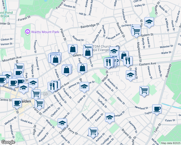 map of restaurants, bars, coffee shops, grocery stores, and more near 529 Eastern Avenue in Malden