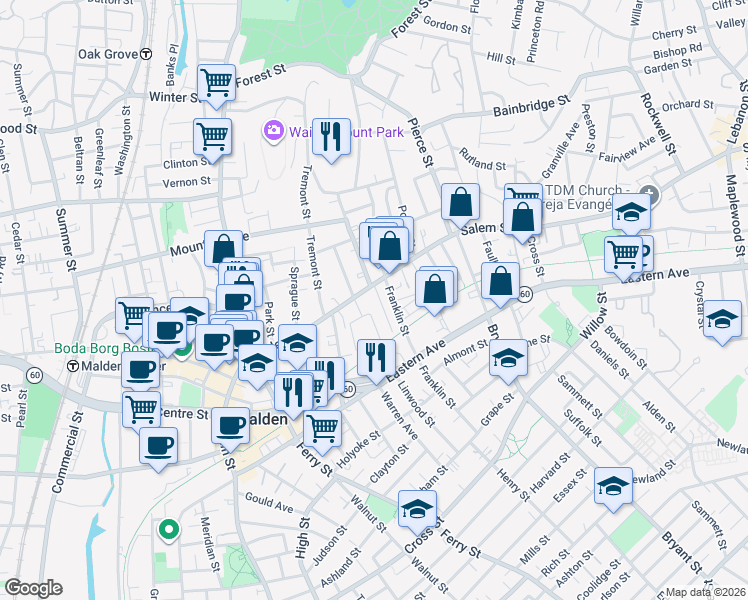 map of restaurants, bars, coffee shops, grocery stores, and more near in Malden