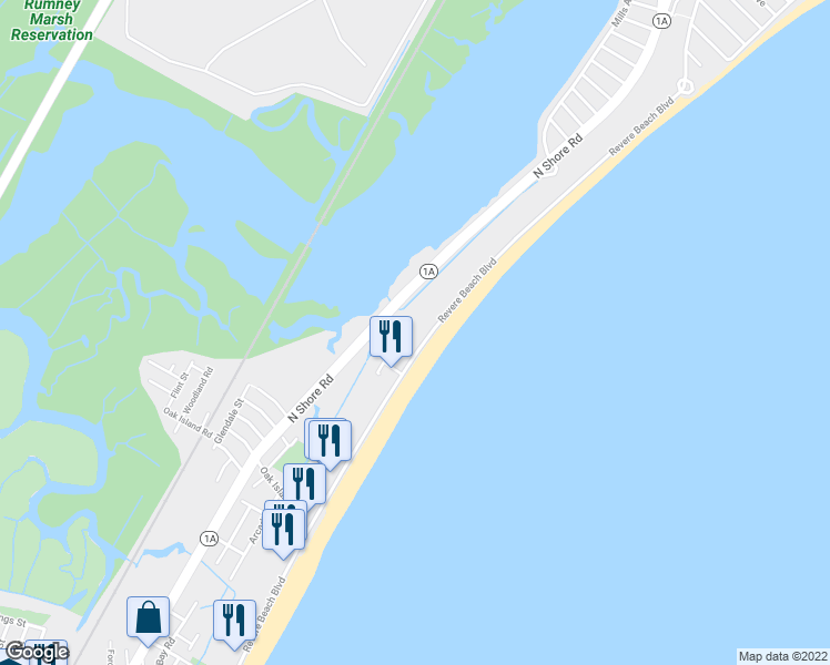 map of restaurants, bars, coffee shops, grocery stores, and more near 510 Revere Beach Boulevard in Revere