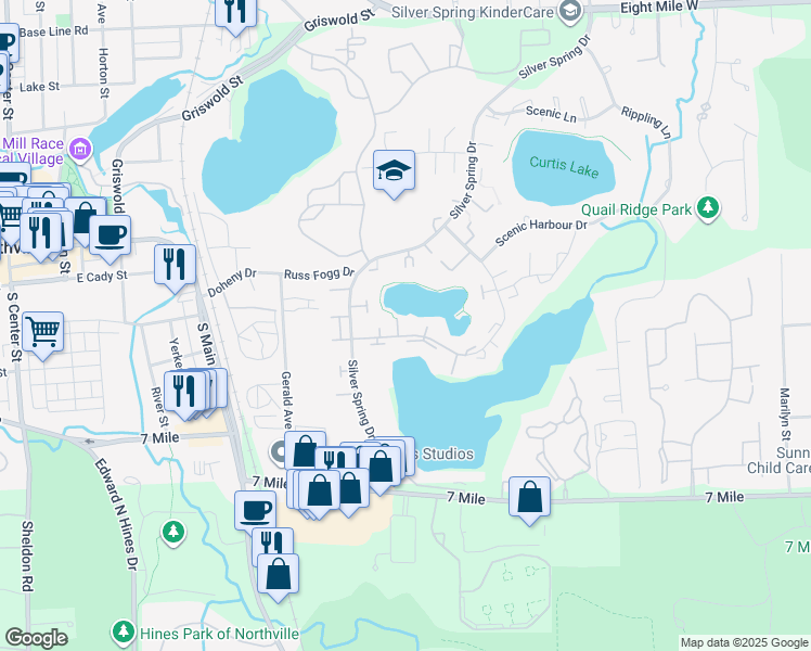 map of restaurants, bars, coffee shops, grocery stores, and more near 19828 Crystal Lake Drive in Northville