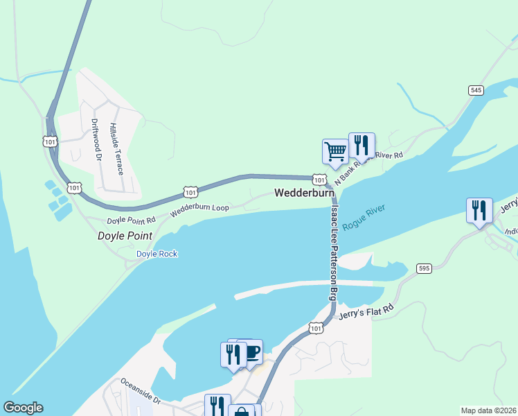 map of restaurants, bars, coffee shops, grocery stores, and more near 94321 Wedderburn Loop in Gold Beach