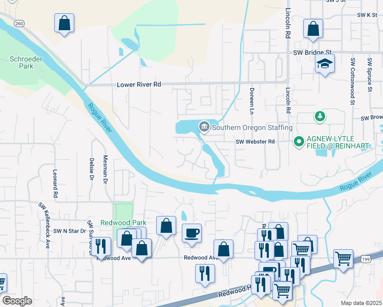 map of restaurants, bars, coffee shops, grocery stores, and more near Kingsbury Drive in Grants Pass
