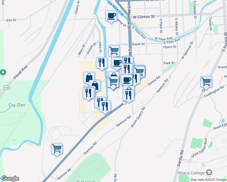 map of restaurants, bars, coffee shops, grocery stores, and more near 744 South Meadow Street in Ithaca