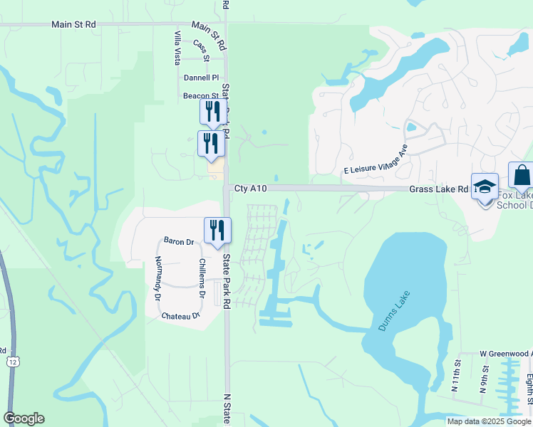 map of restaurants, bars, coffee shops, grocery stores, and more near 16 Saint Thomas Colony Street in Fox Lake