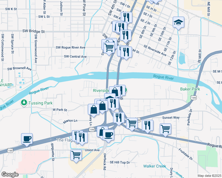 map of restaurants, bars, coffee shops, grocery stores, and more near 115 Rogue River Highway in Grants Pass
