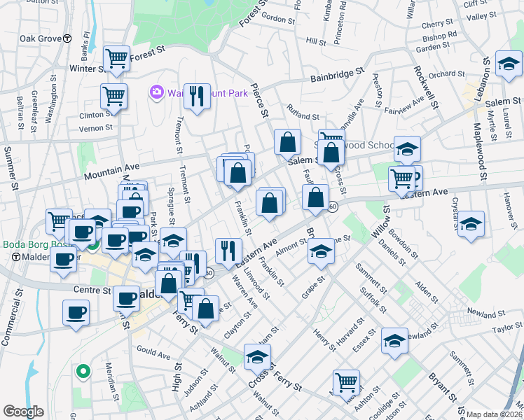 map of restaurants, bars, coffee shops, grocery stores, and more near 17 Franklin Court in Malden