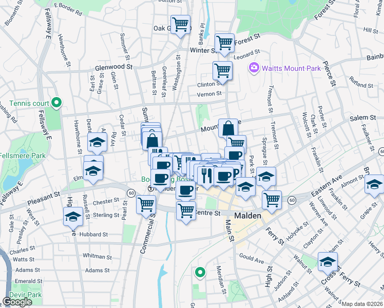 map of restaurants, bars, coffee shops, grocery stores, and more near 54 Washington Street in Malden