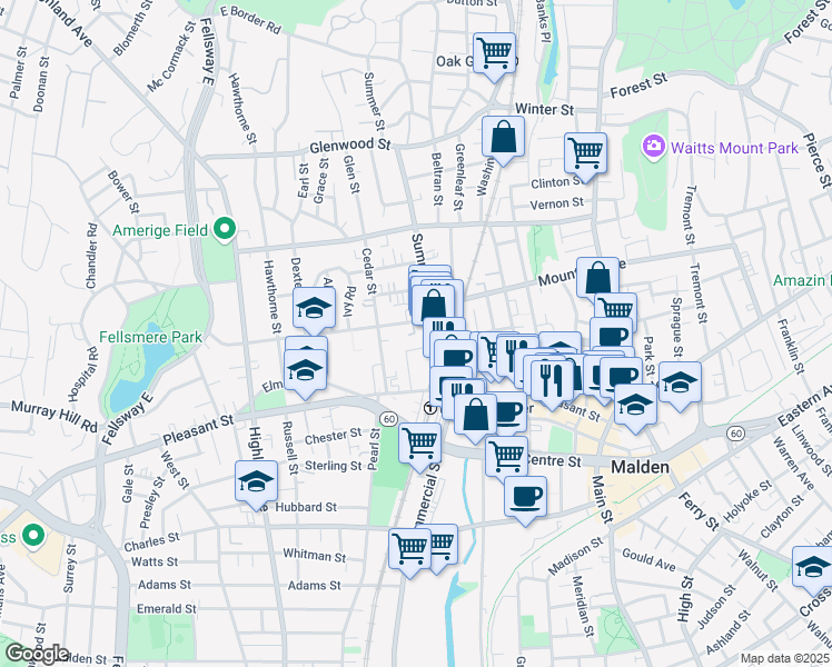 map of restaurants, bars, coffee shops, grocery stores, and more near 30-32 Maple Street in Malden