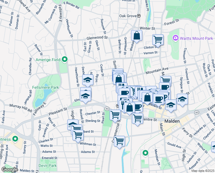 map of restaurants, bars, coffee shops, grocery stores, and more near 64 Maple Street in Malden