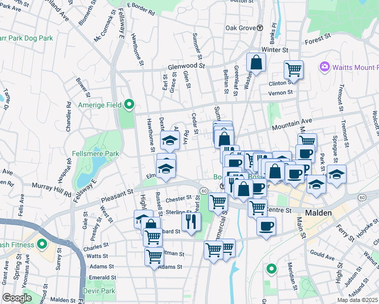map of restaurants, bars, coffee shops, grocery stores, and more near 96 Maple Street in Malden