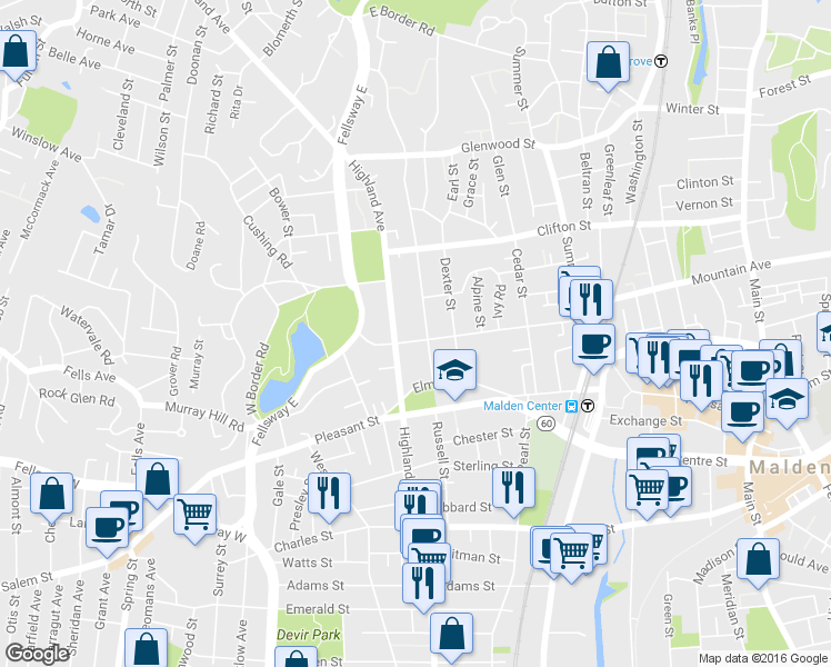 map of restaurants, bars, coffee shops, grocery stores, and more near 40 Hawthorne Street in Malden