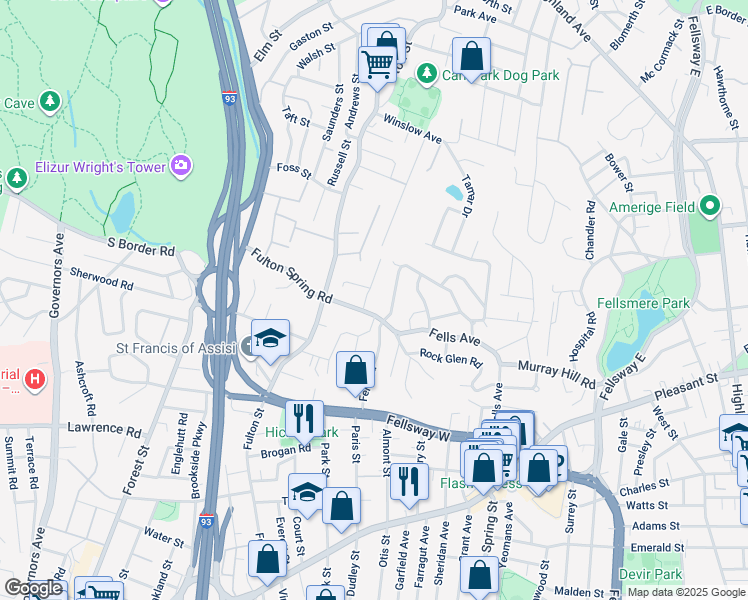 map of restaurants, bars, coffee shops, grocery stores, and more near 16 Cobb Street in Medford
