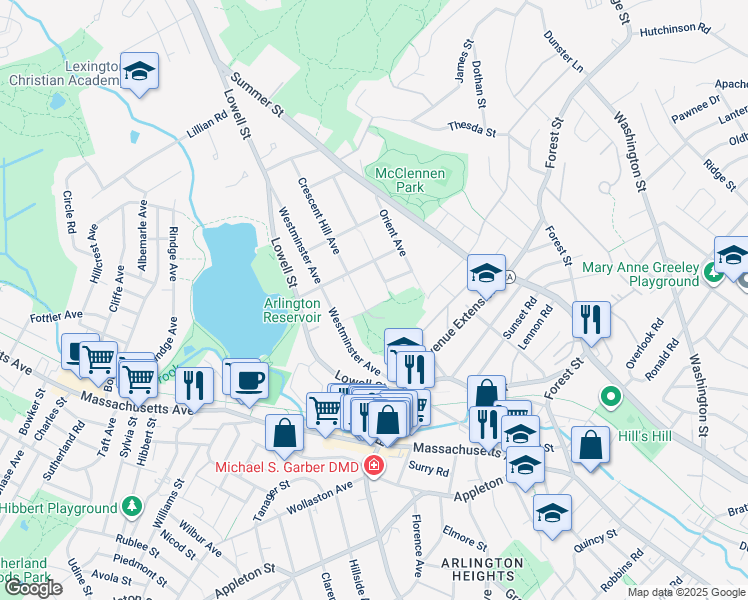 map of restaurants, bars, coffee shops, grocery stores, and more near 56 Madison Avenue in Arlington