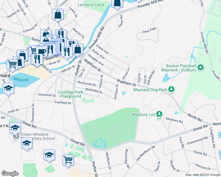 map of restaurants, bars, coffee shops, grocery stores, and more near 42-44 Roosevelt Street in Maynard