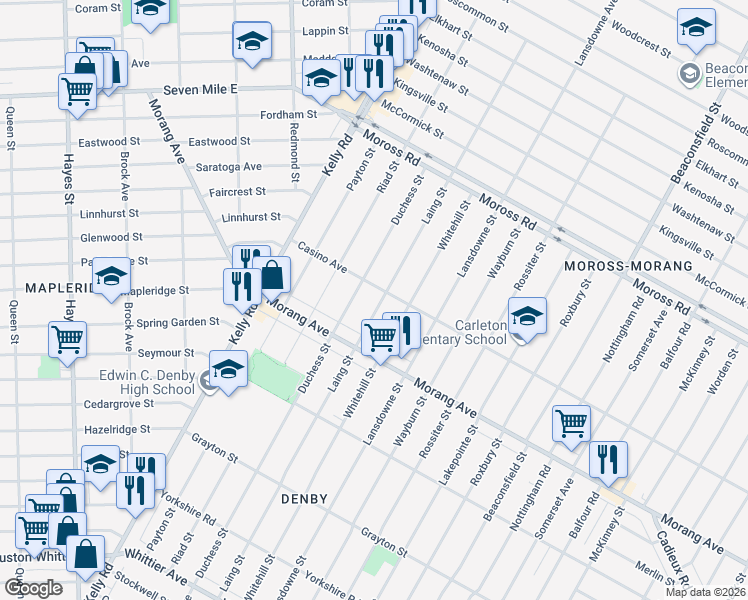 map of restaurants, bars, coffee shops, grocery stores, and more near 12390 Duchess Street in Detroit