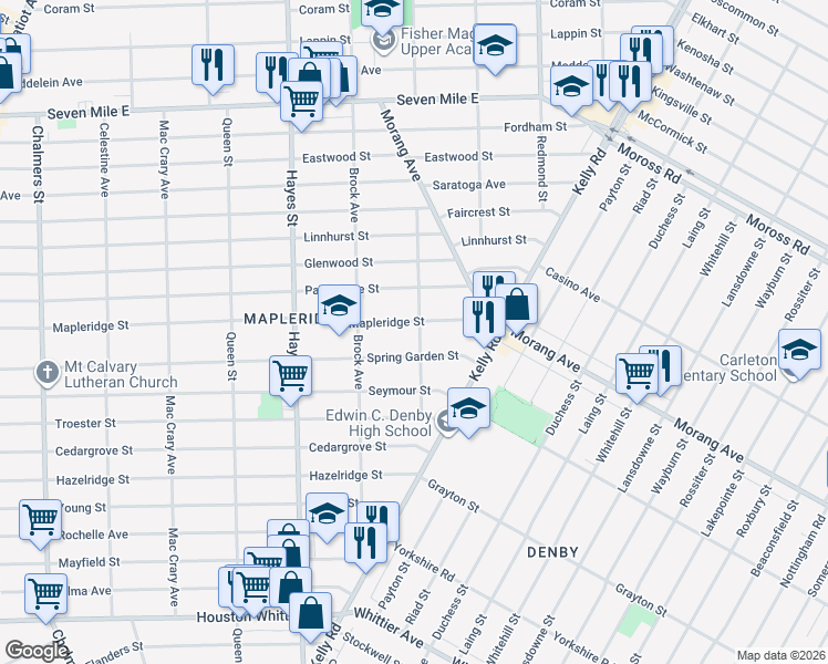 map of restaurants, bars, coffee shops, grocery stores, and more near 15510 Mapleridge Street in Detroit