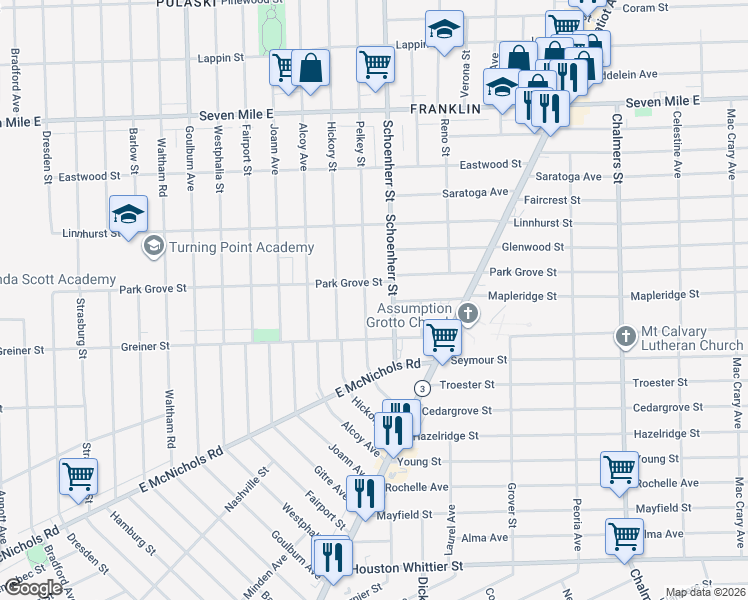 map of restaurants, bars, coffee shops, grocery stores, and more near 18096 Pelkey Street in Detroit