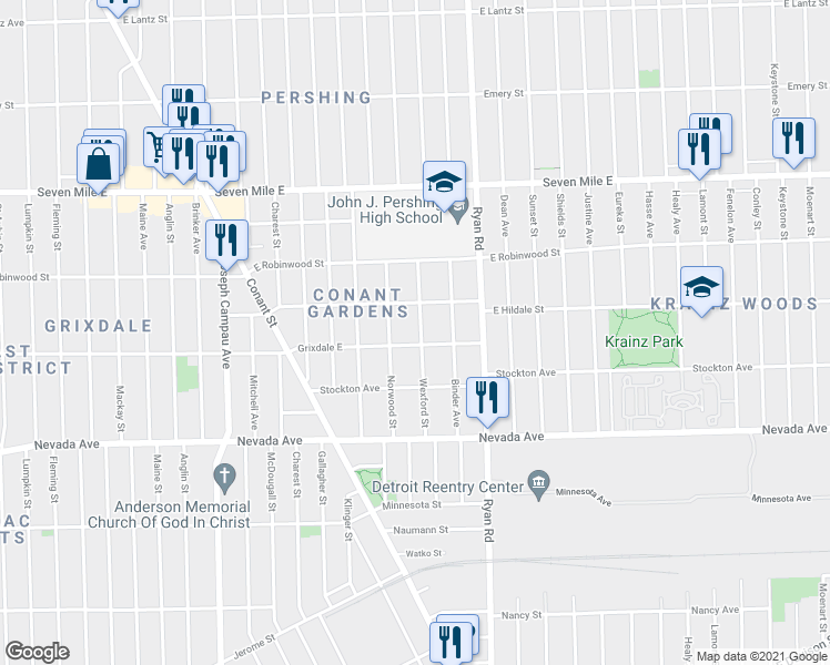 map of restaurants, bars, coffee shops, grocery stores, and more near 18523 Wexford Avenue in Detroit