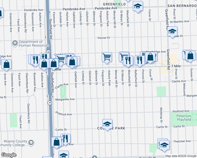 map of restaurants, bars, coffee shops, grocery stores, and more near 18937 Ferguson Street in Detroit