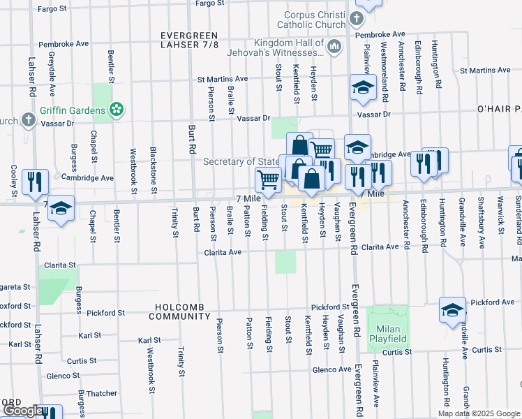 map of restaurants, bars, coffee shops, grocery stores, and more near 19032 Fielding Street in Detroit