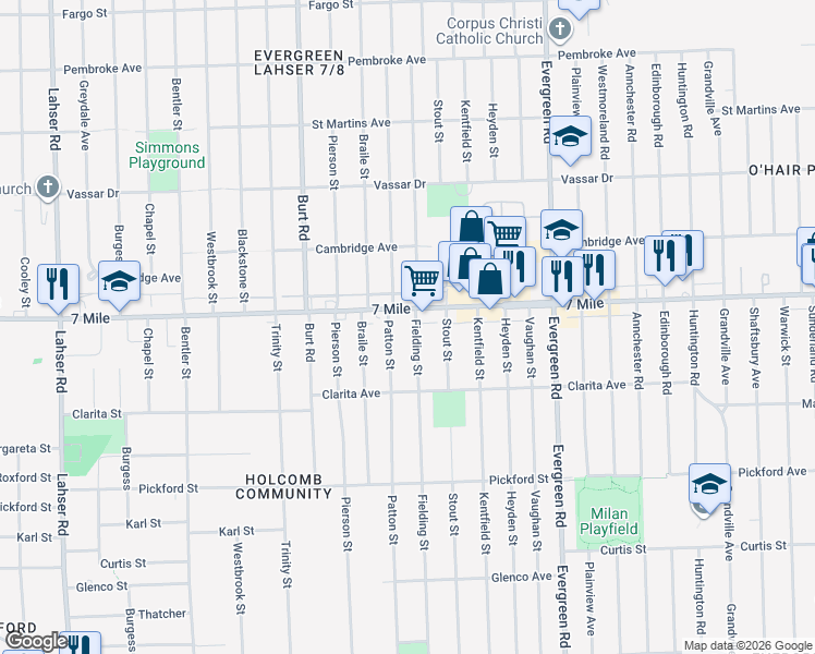 map of restaurants, bars, coffee shops, grocery stores, and more near 19032 Fielding Street in Detroit