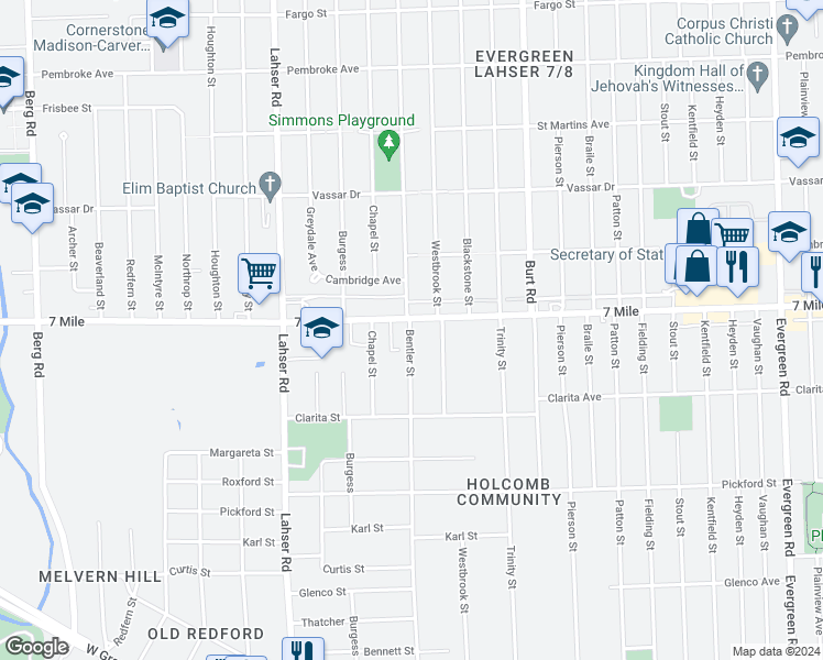 map of restaurants, bars, coffee shops, grocery stores, and more near 21355 West Seven Mile Road in Detroit