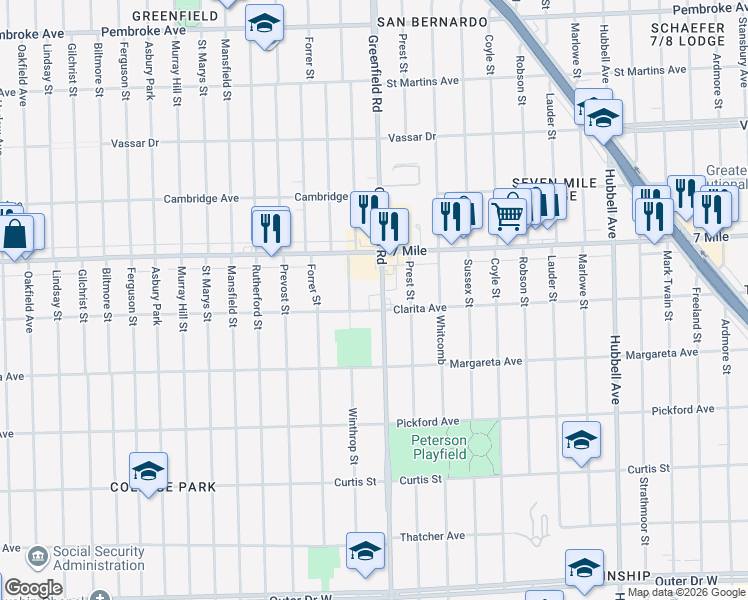 map of restaurants, bars, coffee shops, grocery stores, and more near 18911 Greenfield Road in Detroit