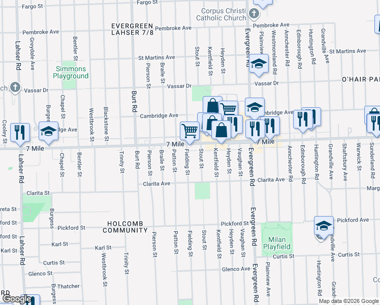 map of restaurants, bars, coffee shops, grocery stores, and more near 19032 Fielding Street in Detroit