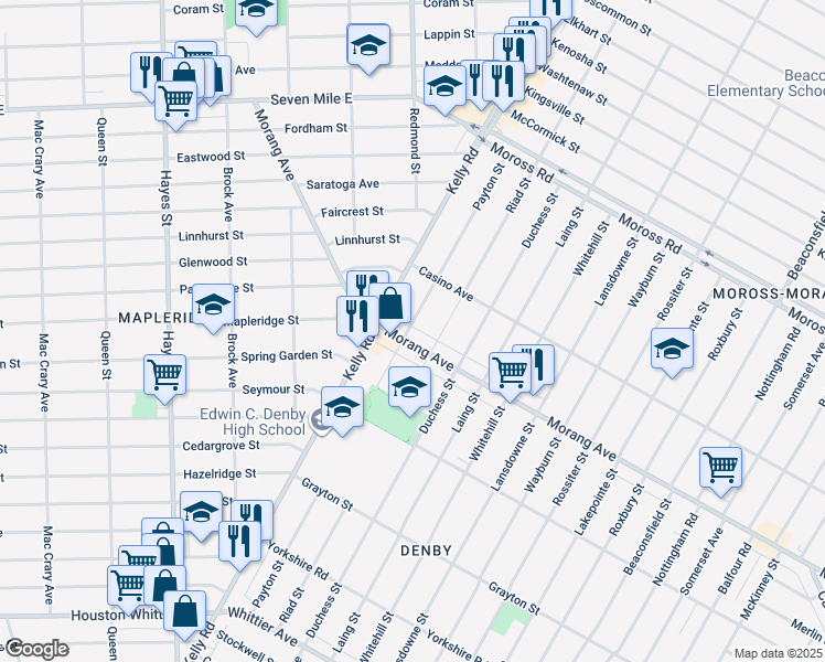 map of restaurants, bars, coffee shops, grocery stores, and more near 12508 Payton Street in Detroit
