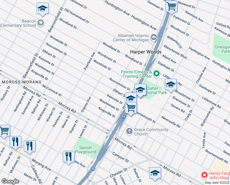 map of restaurants, bars, coffee shops, grocery stores, and more near 20604 Elkhart Street in Harper Woods
