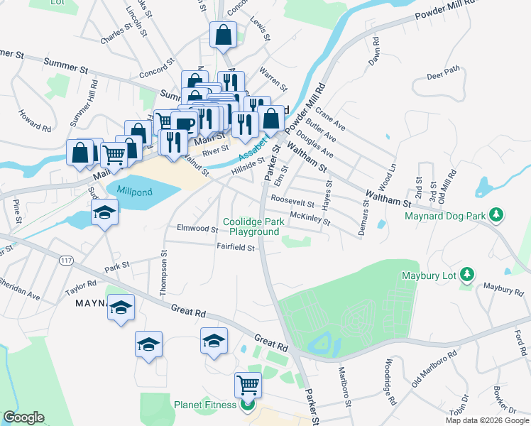 map of restaurants, bars, coffee shops, grocery stores, and more near 36 Parker Street in Maynard