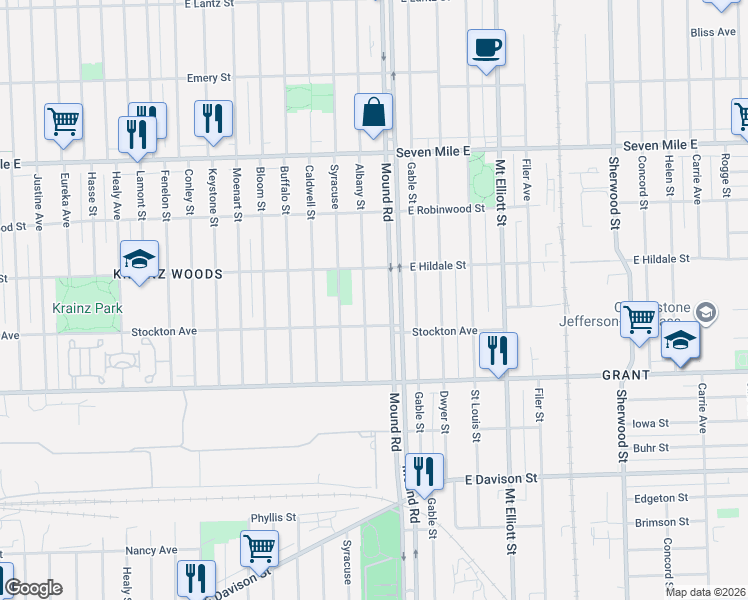 map of restaurants, bars, coffee shops, grocery stores, and more near 18458 Albany Street in Detroit