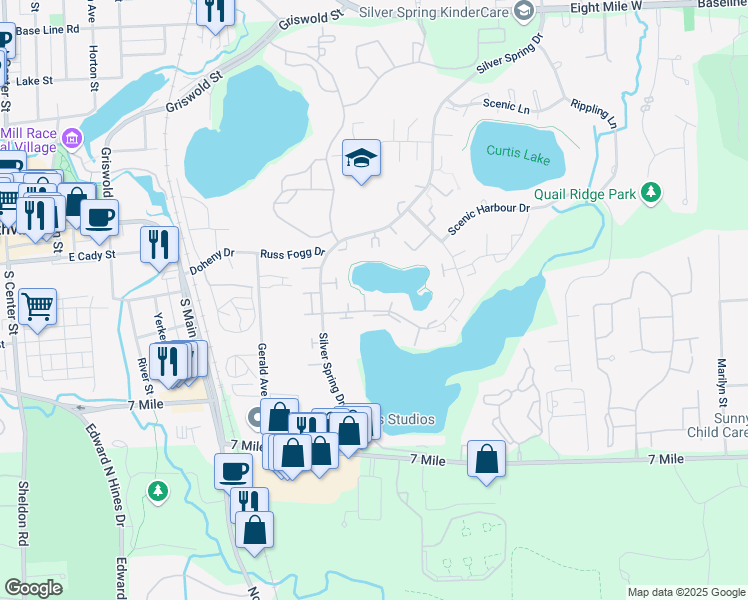 map of restaurants, bars, coffee shops, grocery stores, and more near 19832 Crystal Lake Dr in Northville