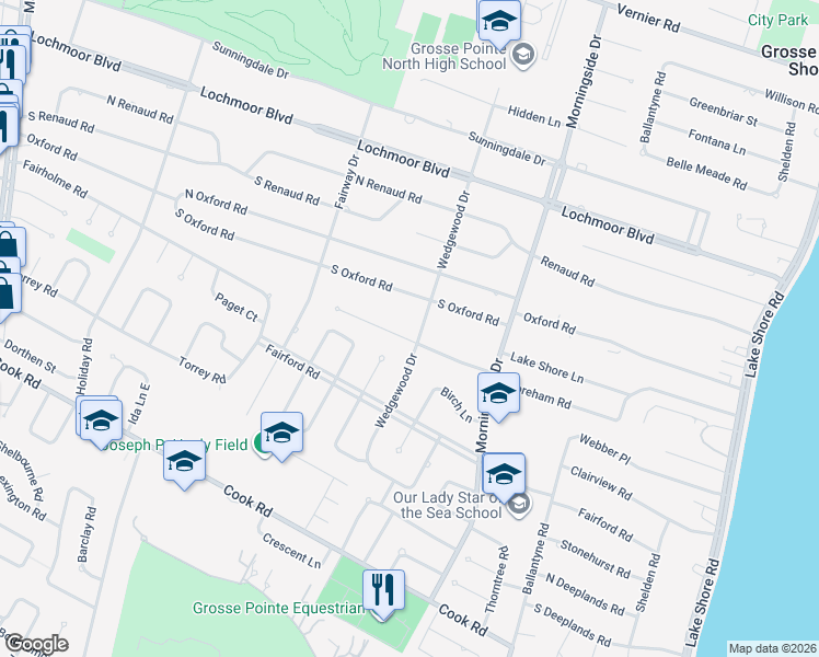 map of restaurants, bars, coffee shops, grocery stores, and more near 826 Shoreham Road in Grosse Pointe Woods