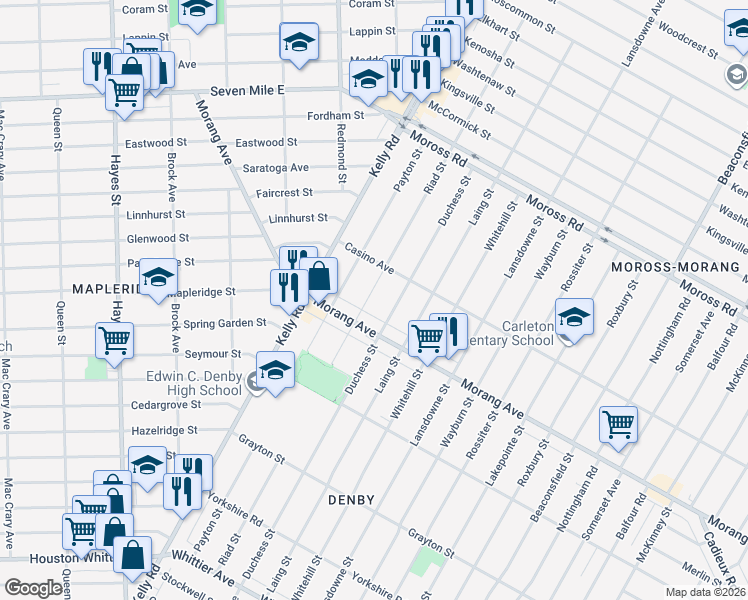 map of restaurants, bars, coffee shops, grocery stores, and more near 12454 Riad Street in Detroit