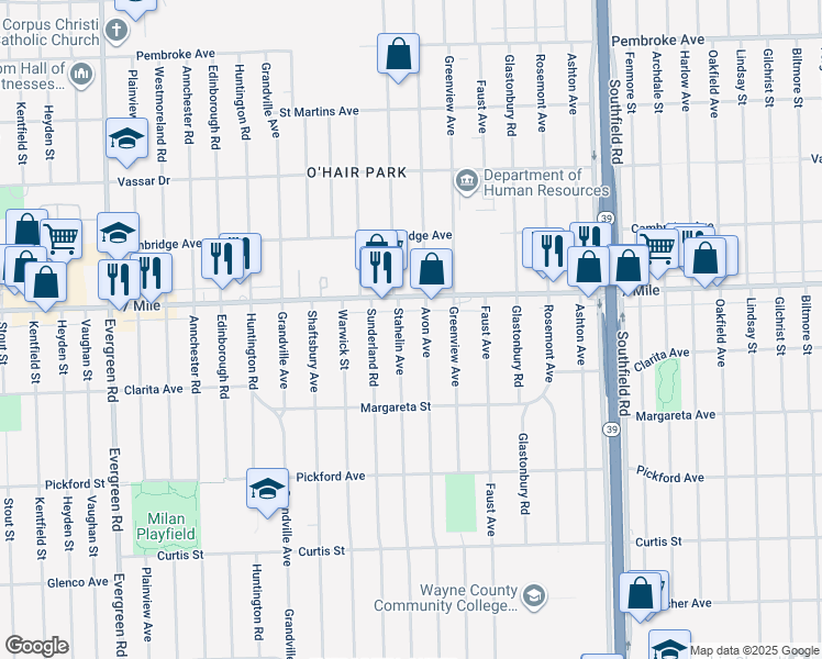 map of restaurants, bars, coffee shops, grocery stores, and more near 18752 Stahelin Avenue in Detroit
