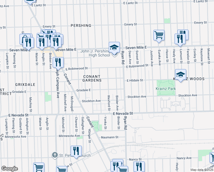 map of restaurants, bars, coffee shops, grocery stores, and more near 18523 Wexford Avenue in Detroit