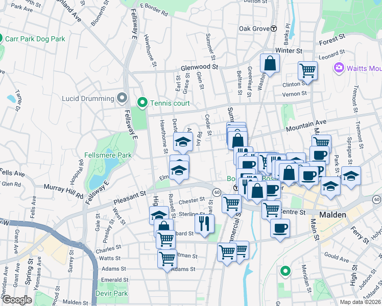 map of restaurants, bars, coffee shops, grocery stores, and more near Maple Street in Malden